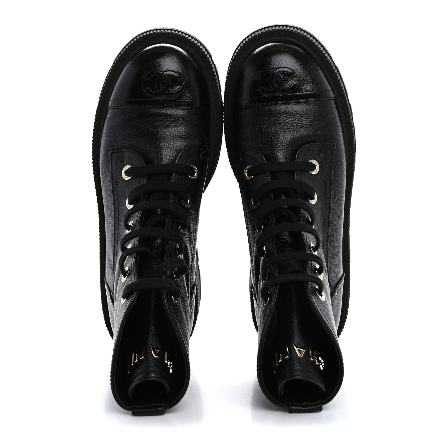 Grained Calfskin Shiny Calfskin CC Lace Up Combat Boots 40 Black