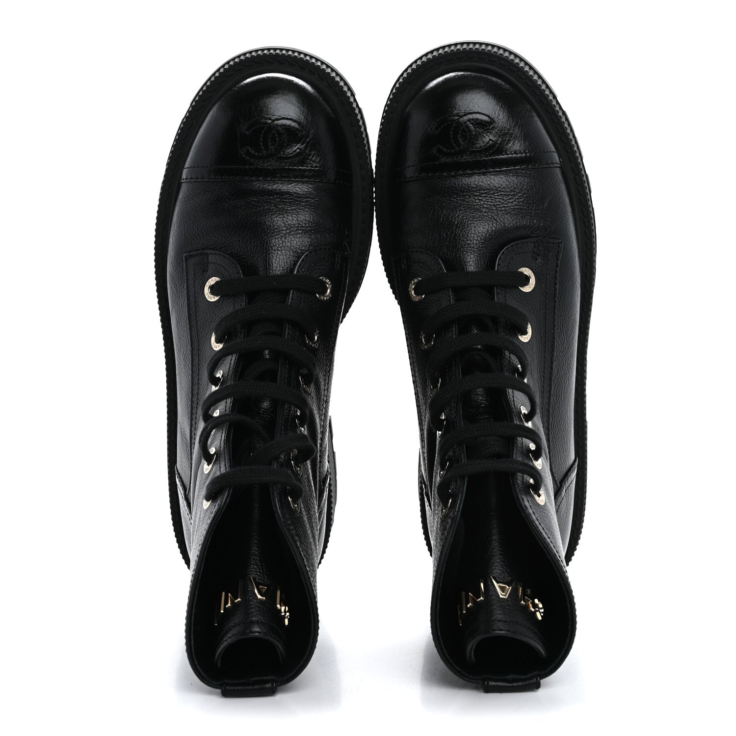 Chanel Grained Calfskin Shiny Calfskin CC Lace Up Combat Boots 40 Black 2 of 14