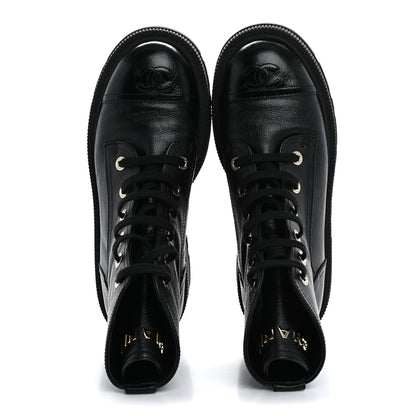 Chanel Grained Calfskin Shiny Calfskin CC Lace Up Combat Boots 40 Black 2 of 14