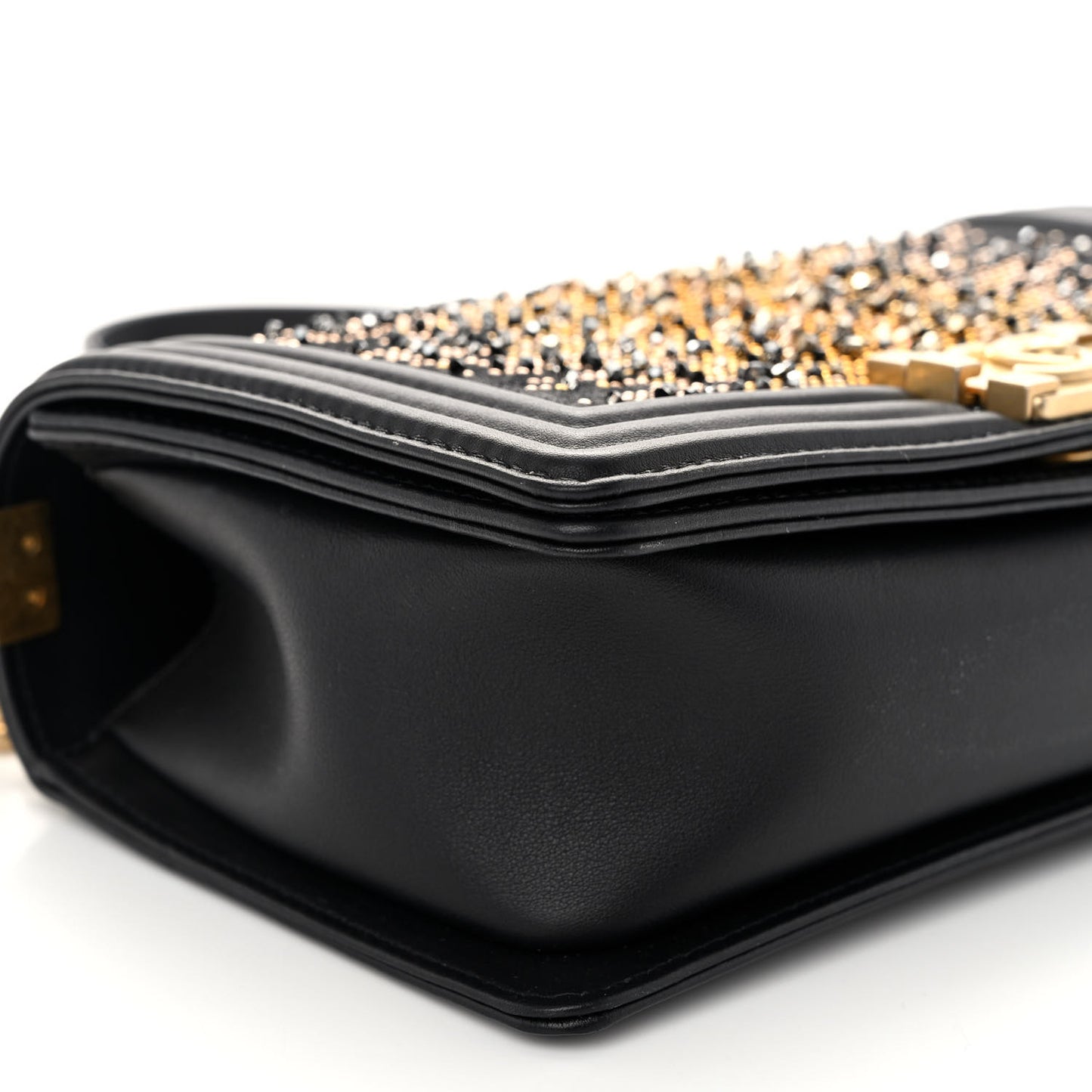 Calfskin Strass Studded Medium Boy Flap Black Gold