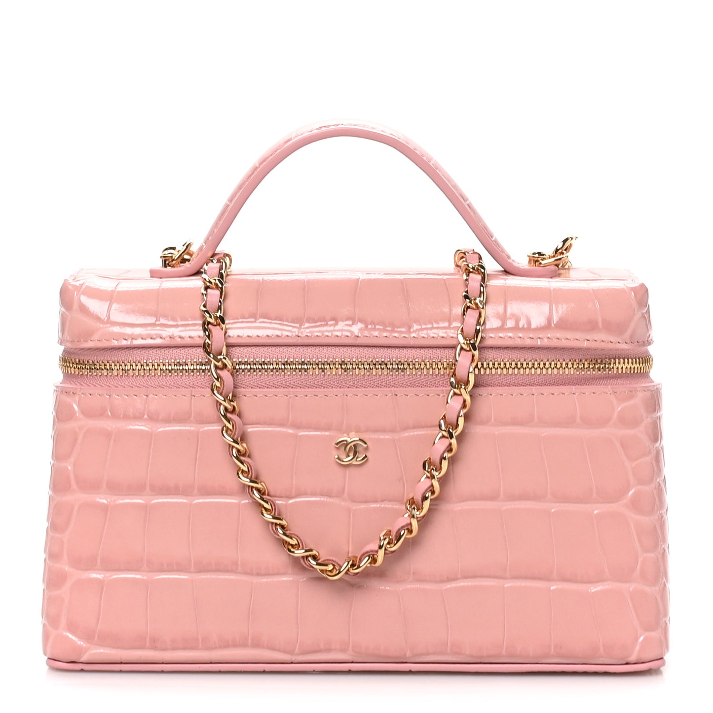 Calfskin Crocodile Embossed Crococo Top Handle Slim Vanity Case With Chain Light Pink