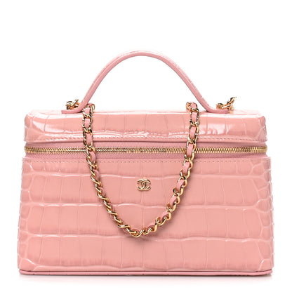 Chanel Calfskin Crocodile Embossed Crococo Top Handle Slim Vanity Case With Chain Light Pink 1 of 11
