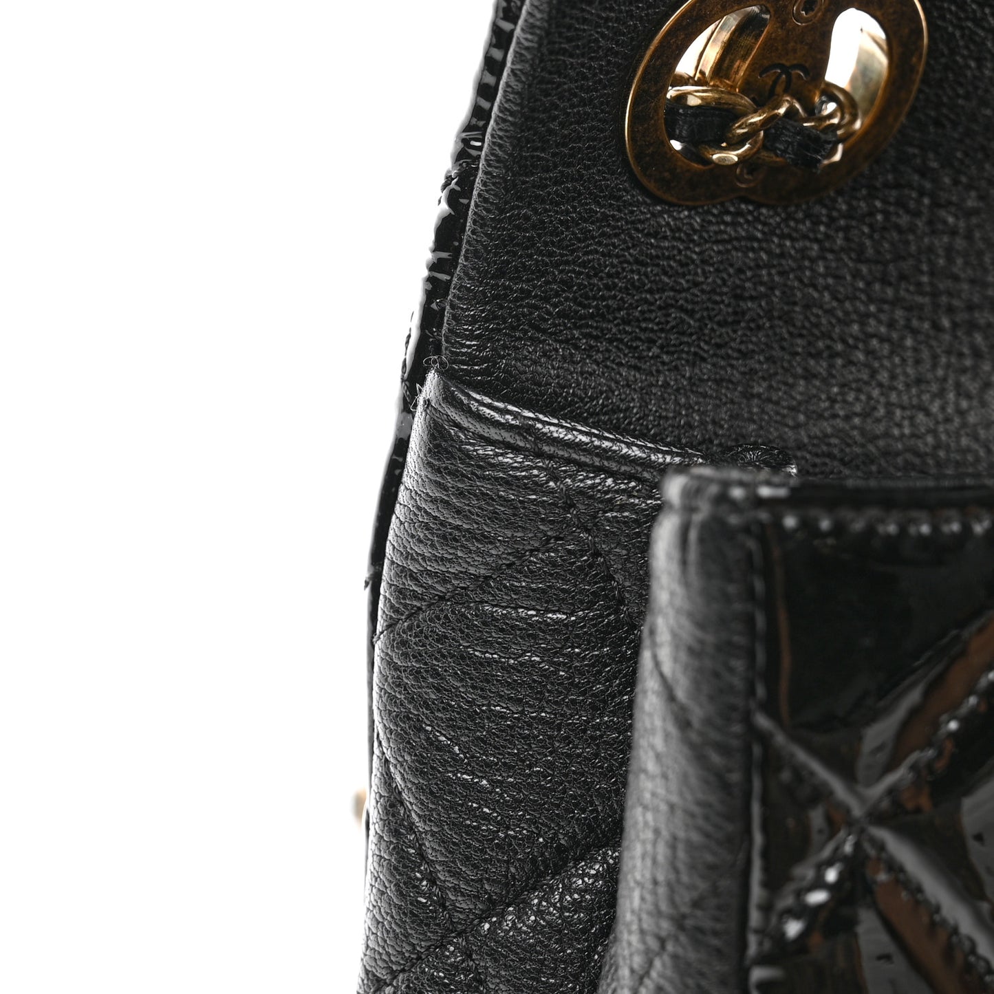 Patent Goatskin Quilted Medium CC Eyelet Flap Black