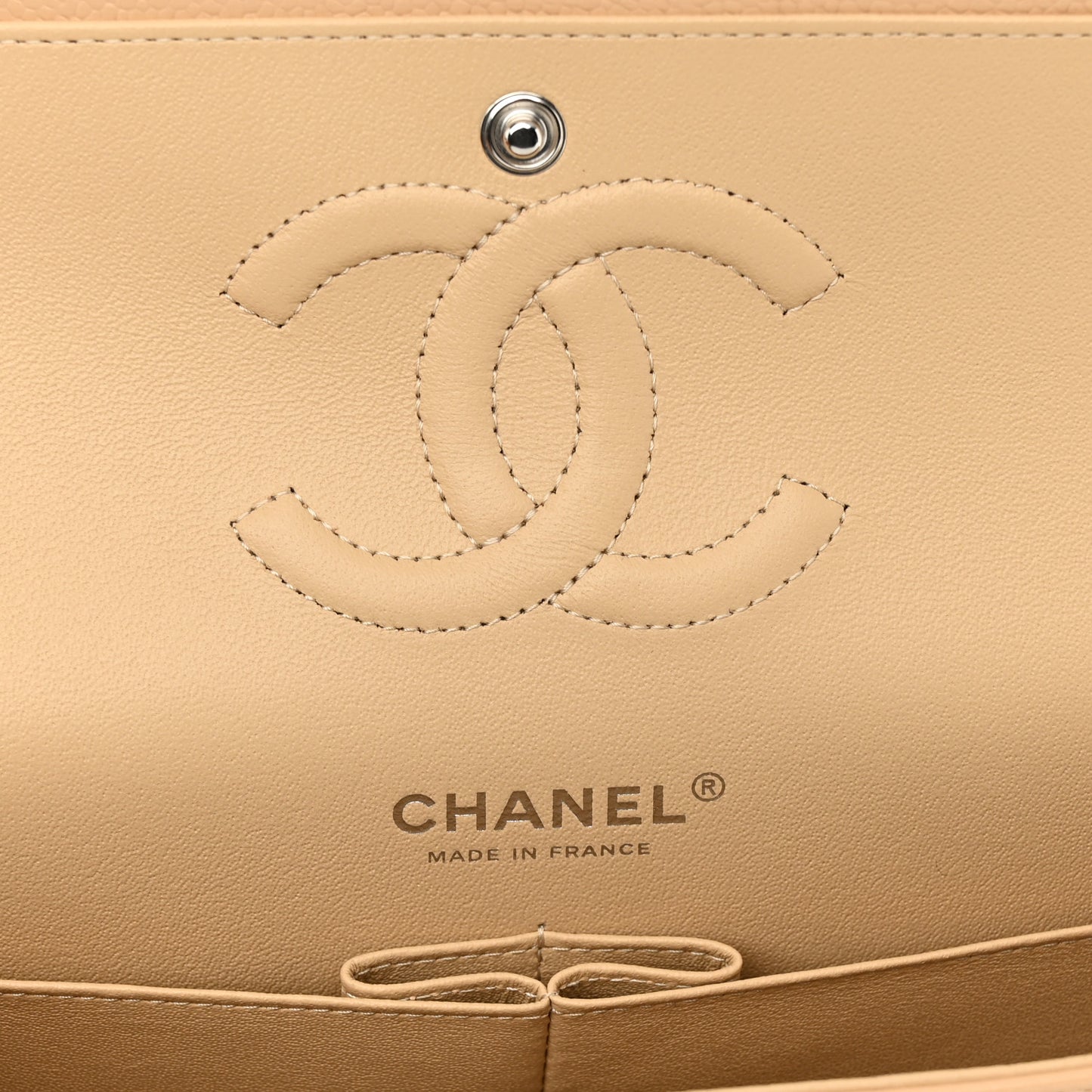 Caviar Quilted Medium Double Flap Beige