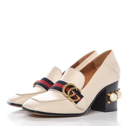 Gucci Betis Glamour Calfskin Web Pearl Embellished Peyton 75mm Loafer Pumps 36 Mystic White 3 of 11