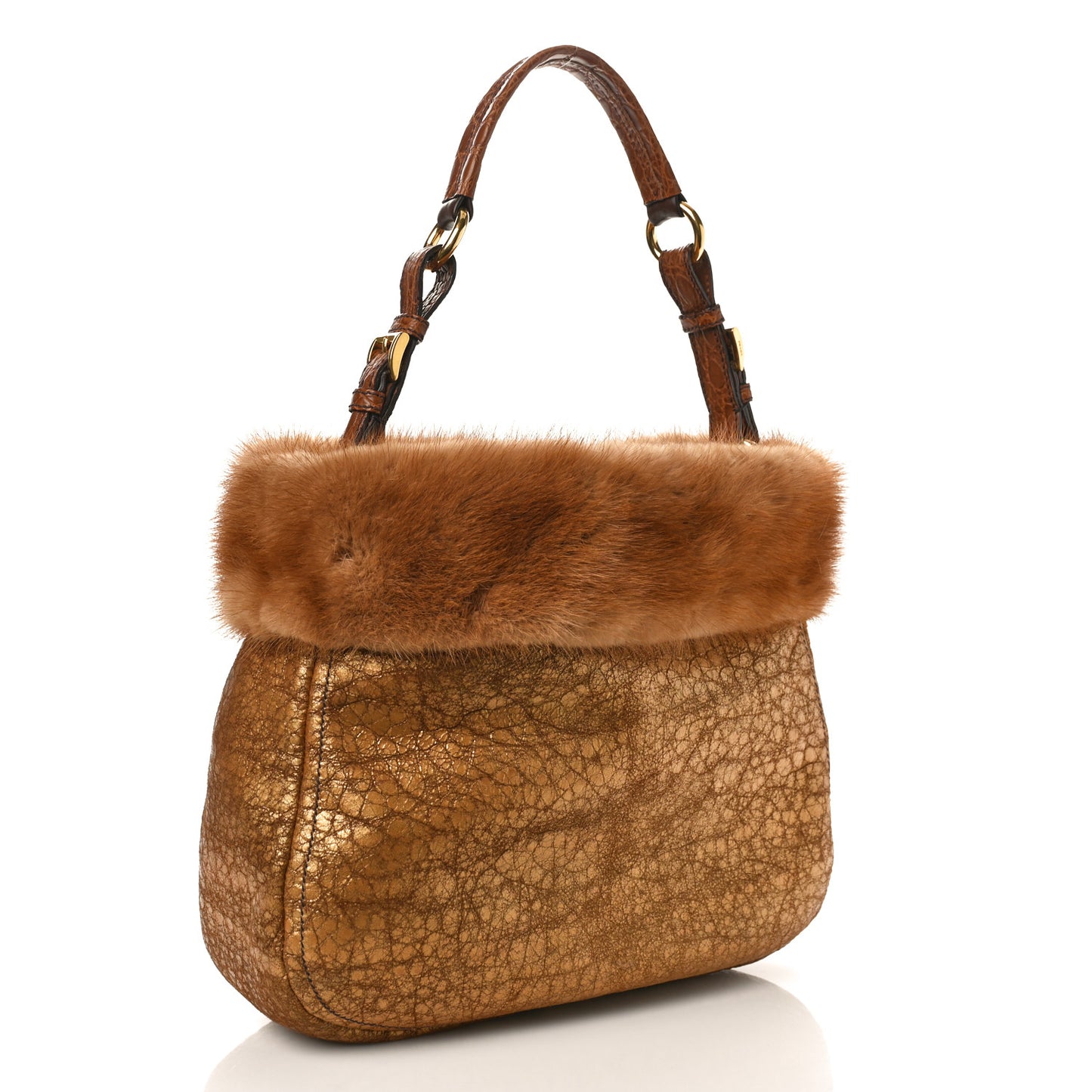 Metallic Suede Mink Shearling Crocodile Embossed Tote Gold