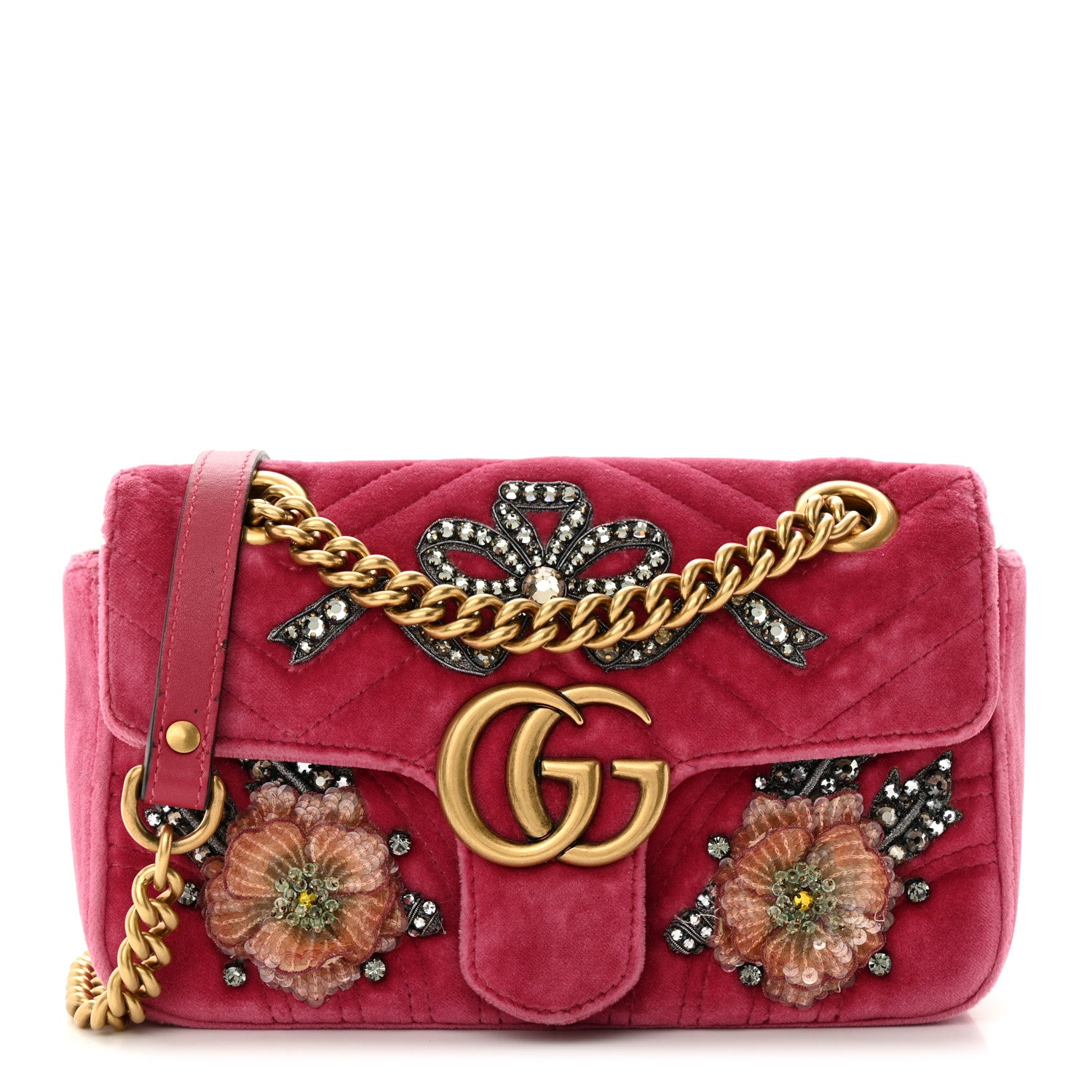 Gucci Velvet Matelasse Embroidered Mini GG Marmont Shoulder Bag Light Raspberry Rose 1 of 16