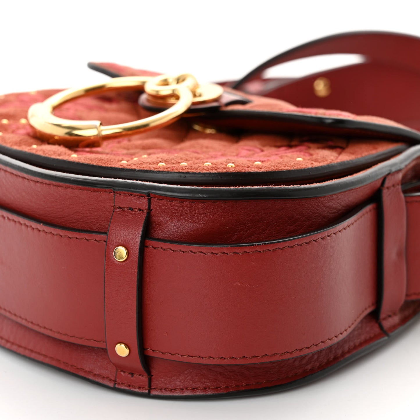 Suede Calfskin Quilted Embroidered Small Tess Saddle Bag Reddish Brown