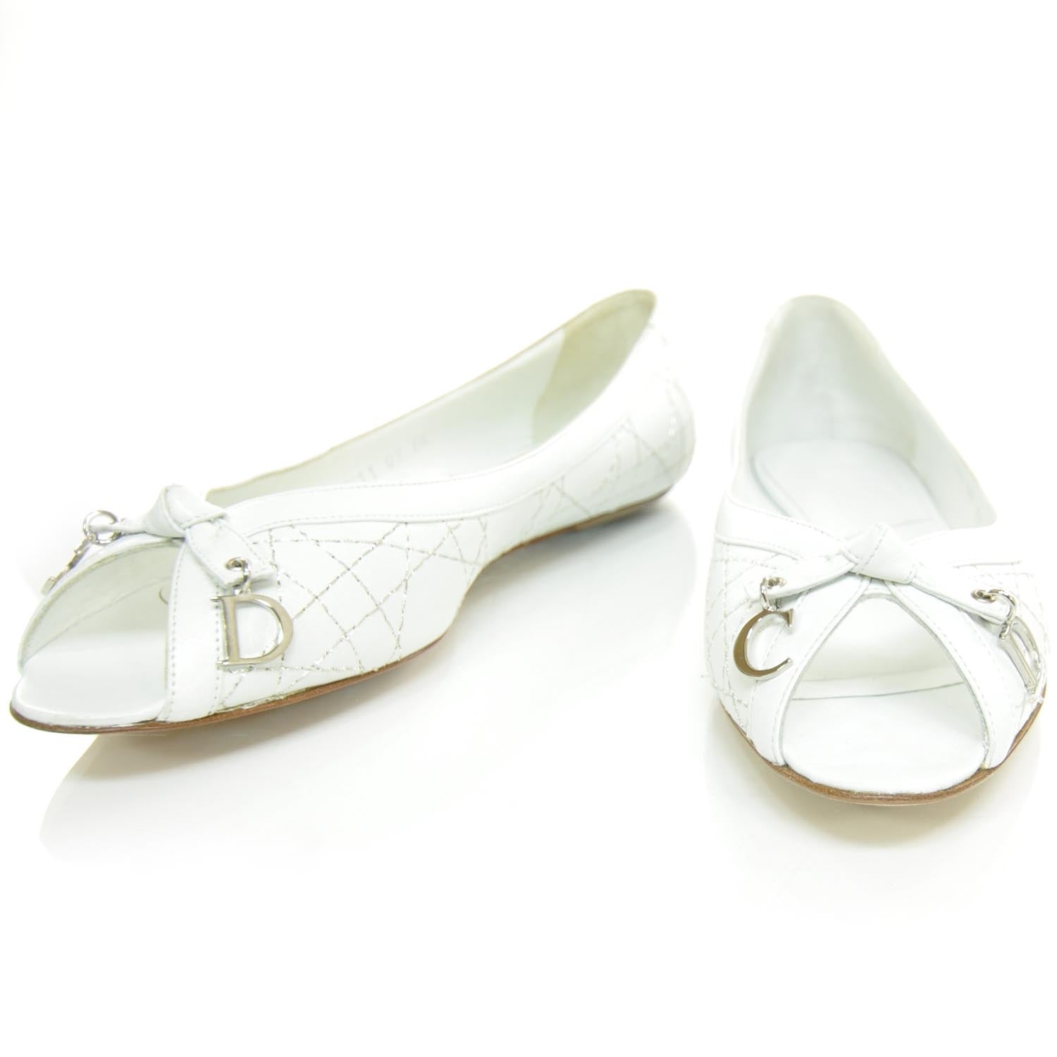 Christian Dior Leather Cannage Peep Toe Ballerina Flats 35.5 White 1 of 10