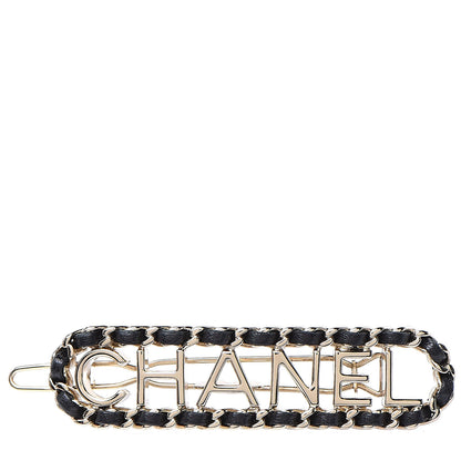 Chanel Metal Lambskin Vintage Allure Logo Hair Clip Black Gold 1 of 4