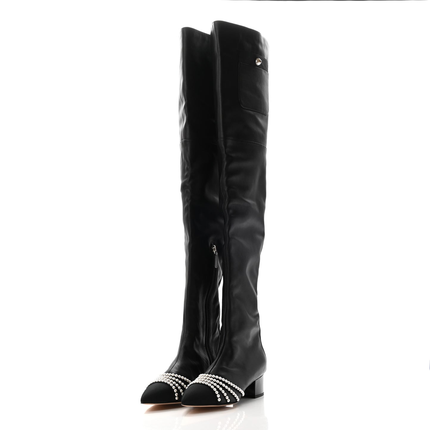 Lambskin Grosgrain Pearl Cap Toe High Boots 38 Black