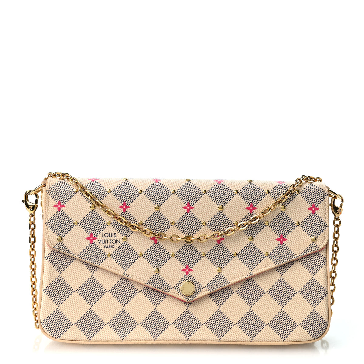 Damier Azur Studded Pochette Felicie Chain Wallet Fuchsia
