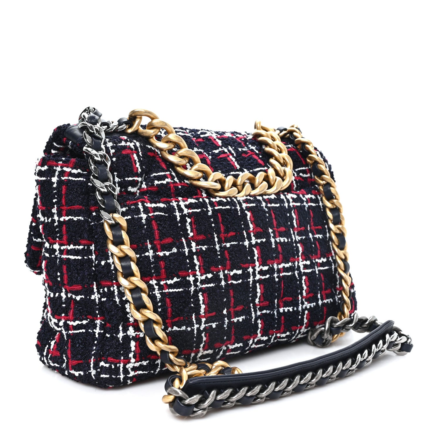 Chanel Tweed Quilted Large Chanel 19 Flap Navy Blue White Red 3 of 12