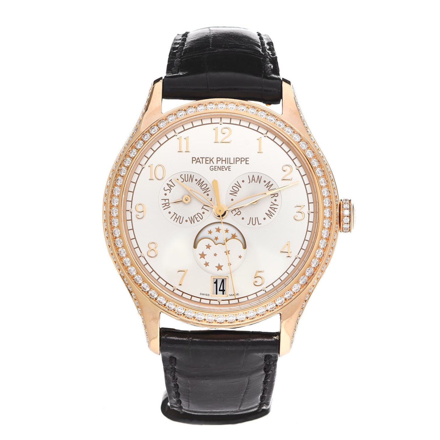 18K Rose Gold Alligator Diamond Bezel 38mm Annual Calendar Automatic Watch 4947R-001