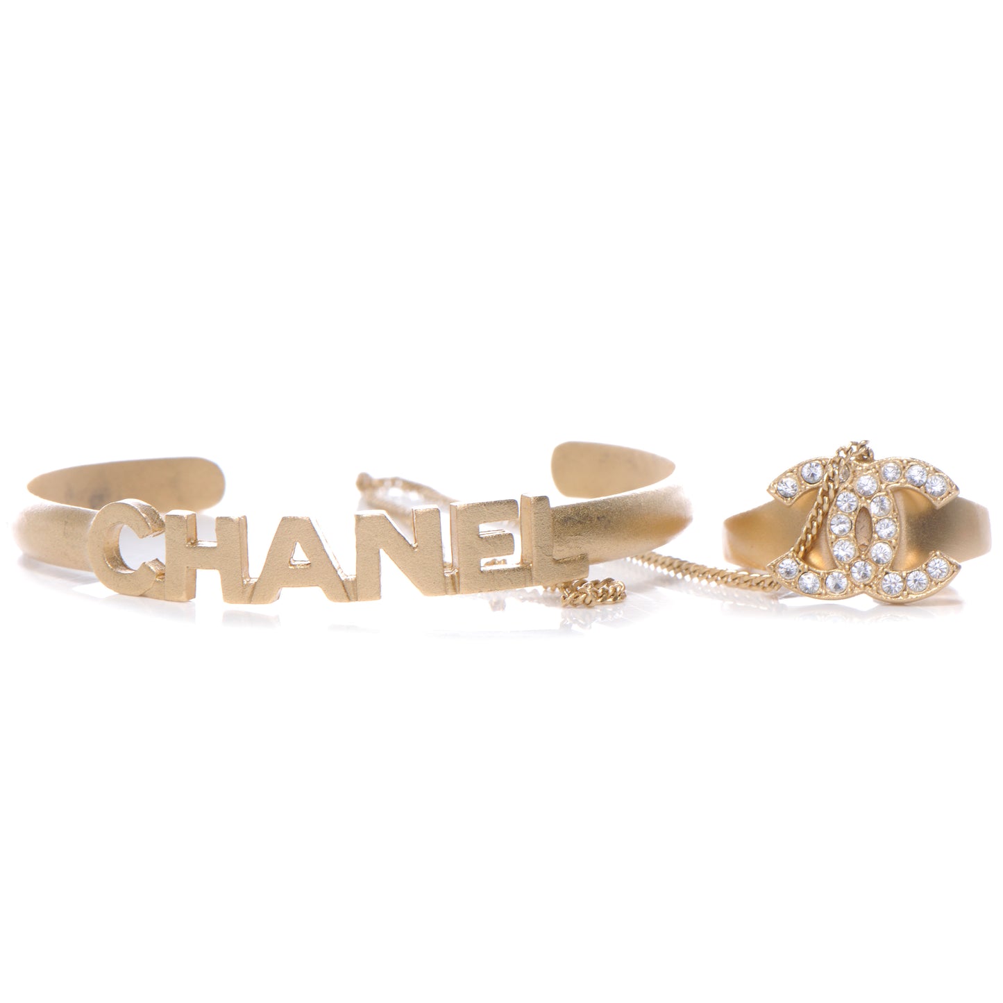 Crystal Logo Cuff w CC Ring and Chain Matte Gold
