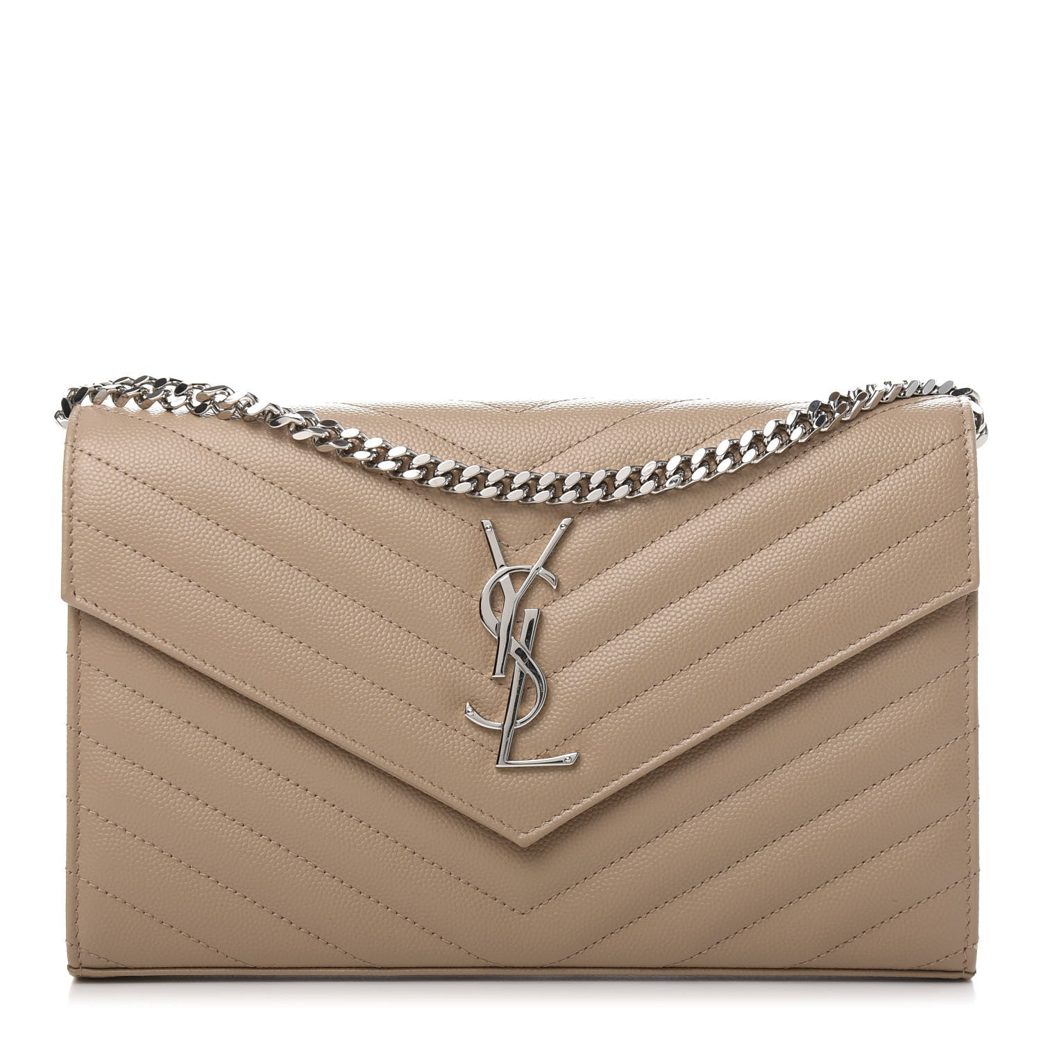 Saint Laurent Grain De Poudre Matelasse Chevron Monogram Chain Wallet Dark Beige 1 of 10