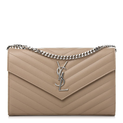 Saint Laurent Grain De Poudre Matelasse Chevron Monogram Chain Wallet Dark Beige 1 of 10