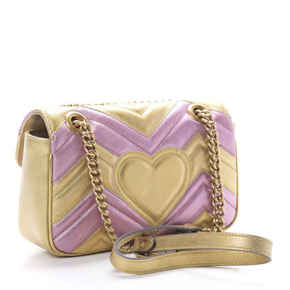 Gucci Metallic Calfskin Matelasse Mini GG Marmont Shoulder Bag Gold Pink 3 of 10
