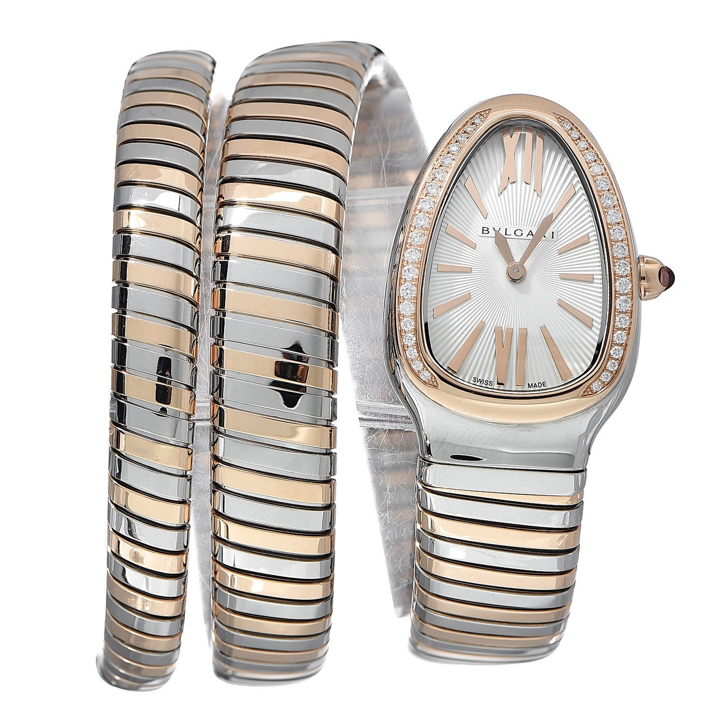 Stainless Steel 18K Rose Gold Diamond Bezel 35mm Serpenti Tubogas Double Spiral Quartz Watch