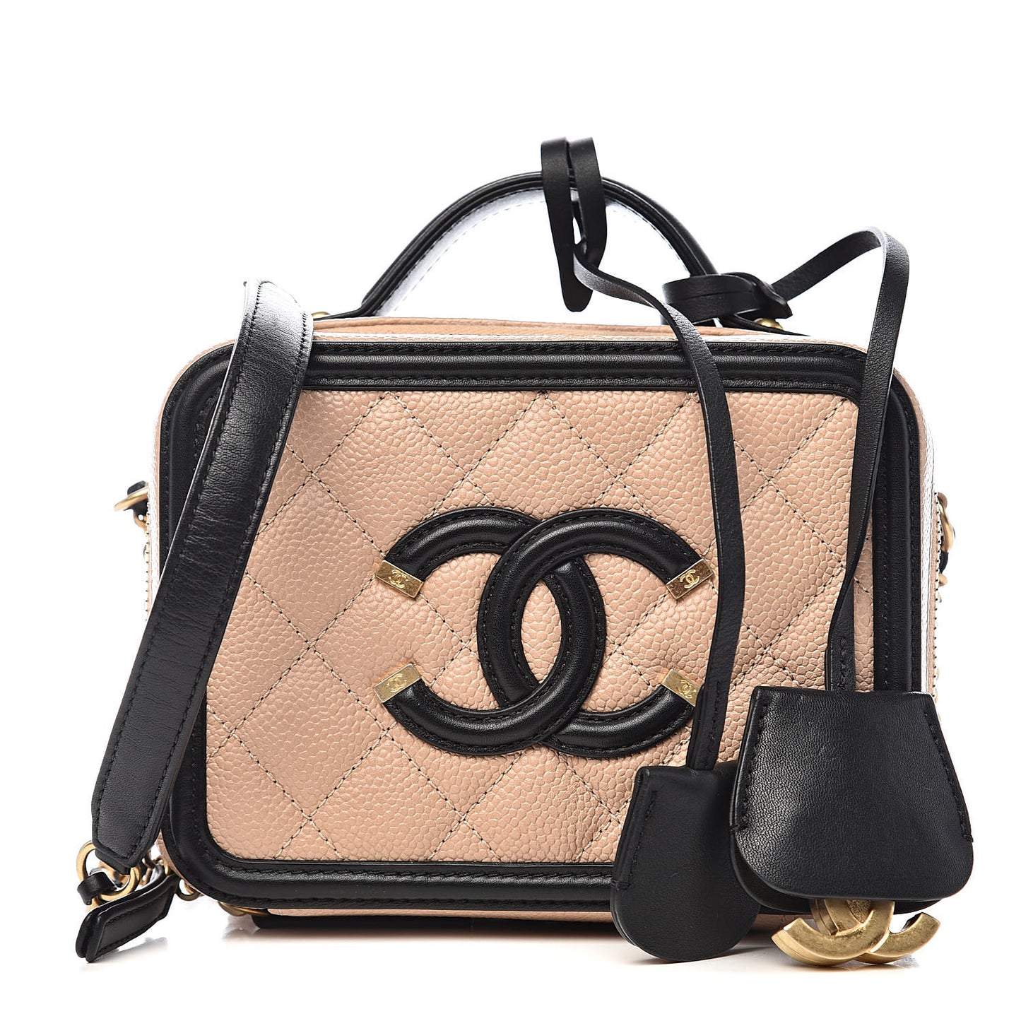 Caviar Quilted Small CC Filigree Vanity Case Beige Black