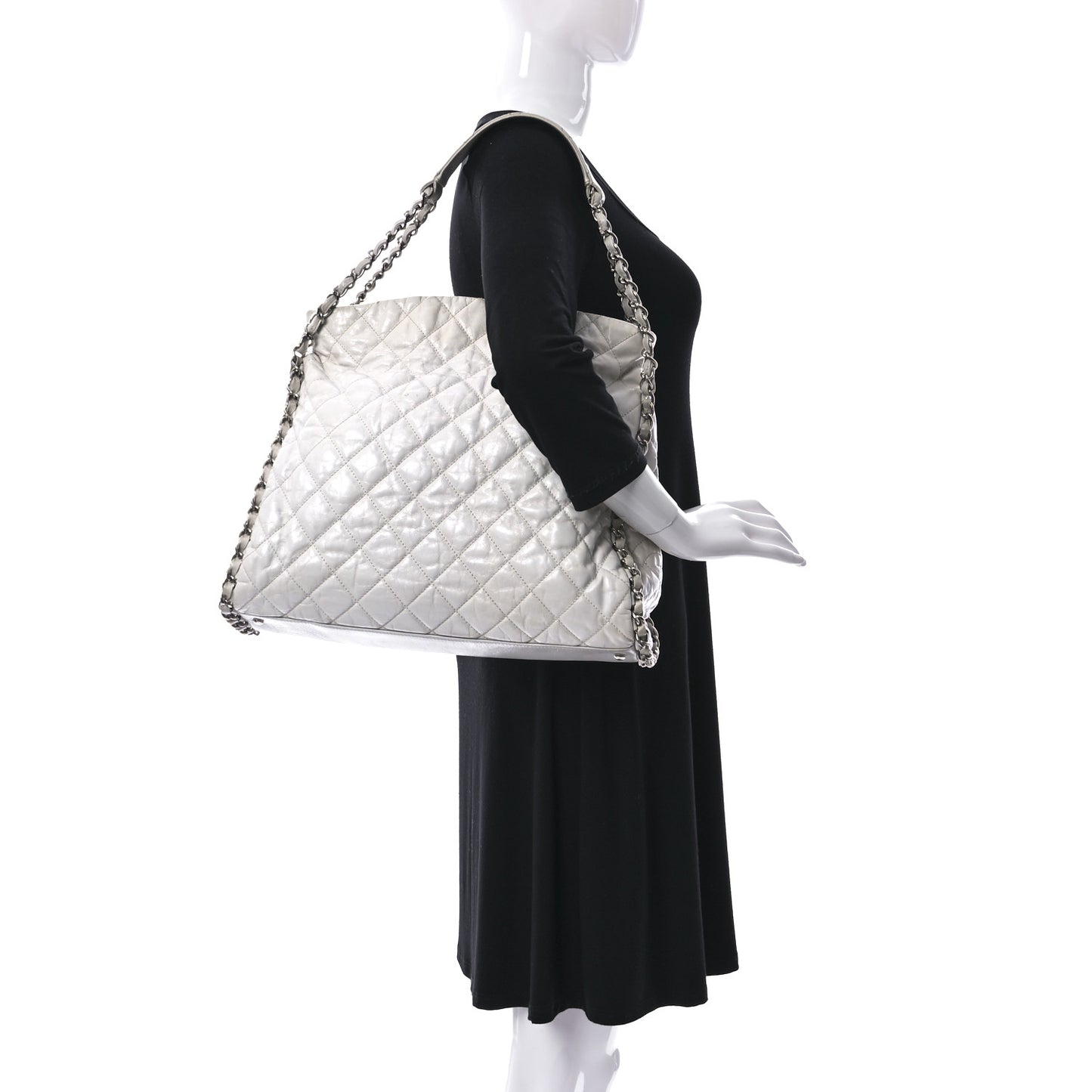 Glazed Calfskin Quilted Large Chain Me Hobo Dark White