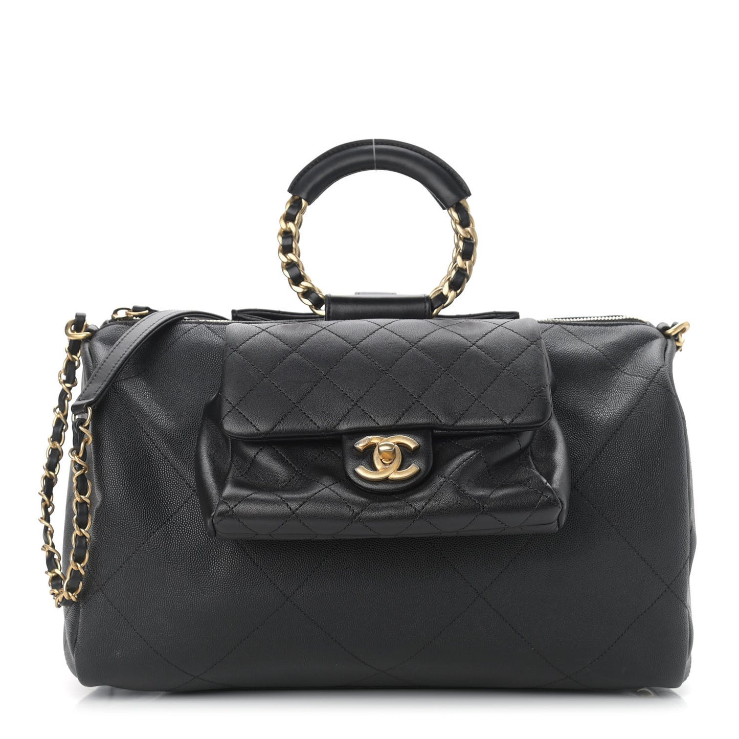 Grained Calfskin Lambskin Quilted Large Bowling Bag Black
