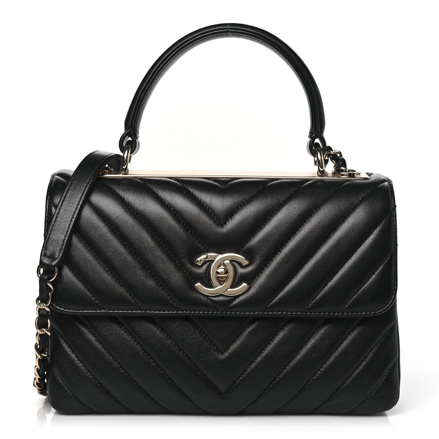Lambskin Chevron Quilted Small Trendy CC Dual Handle Flap Bag Black