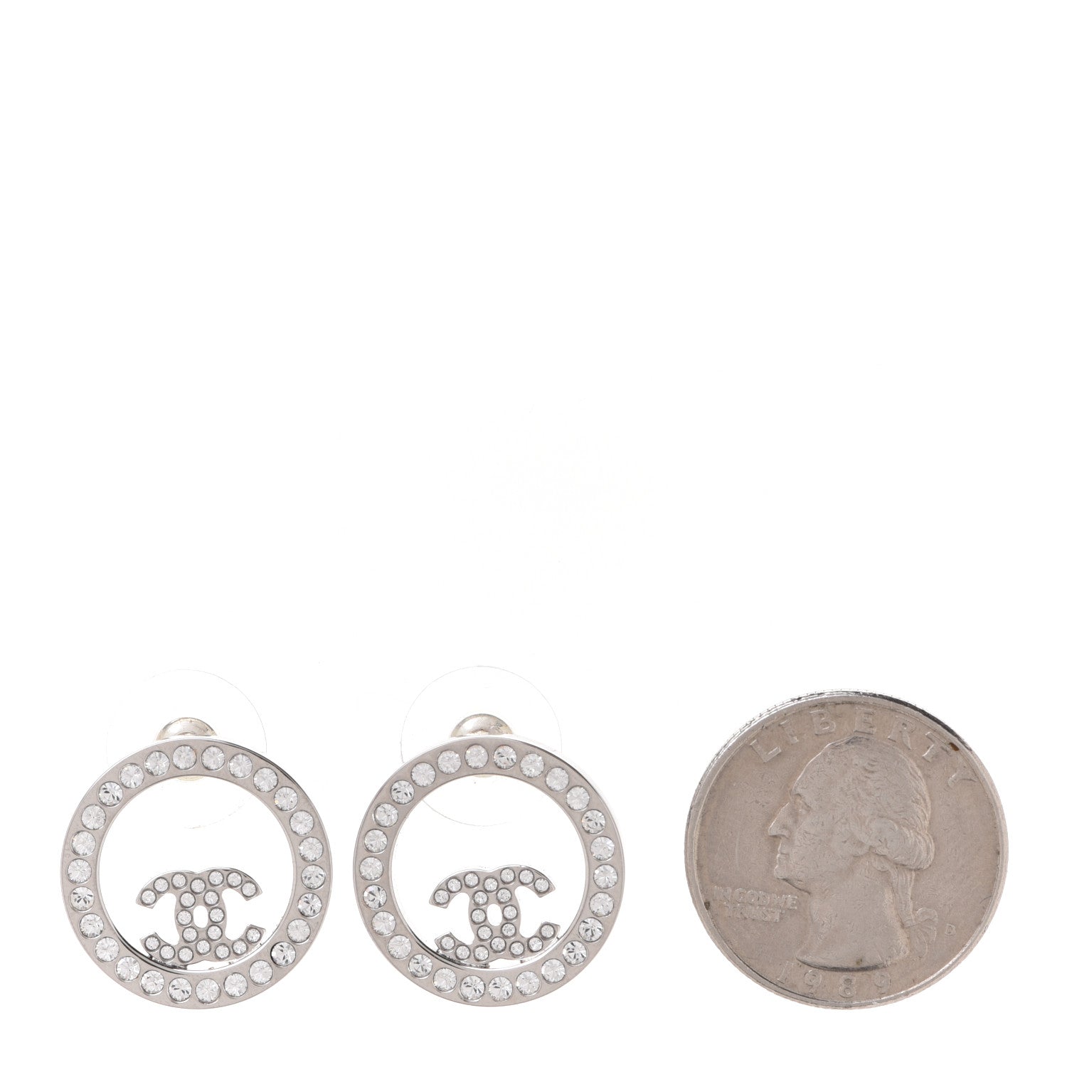 Chanel Crystal CC Round Earrings Silver 2 of 5