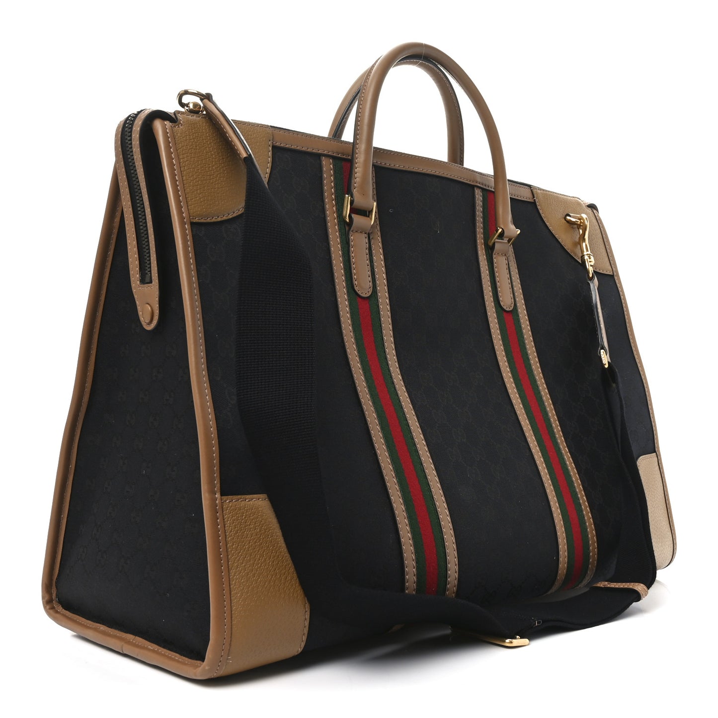 Monogram Textured Dollar Calfskin Web XL Bauletto Duffle Top Handle Bag Black Koi Beige