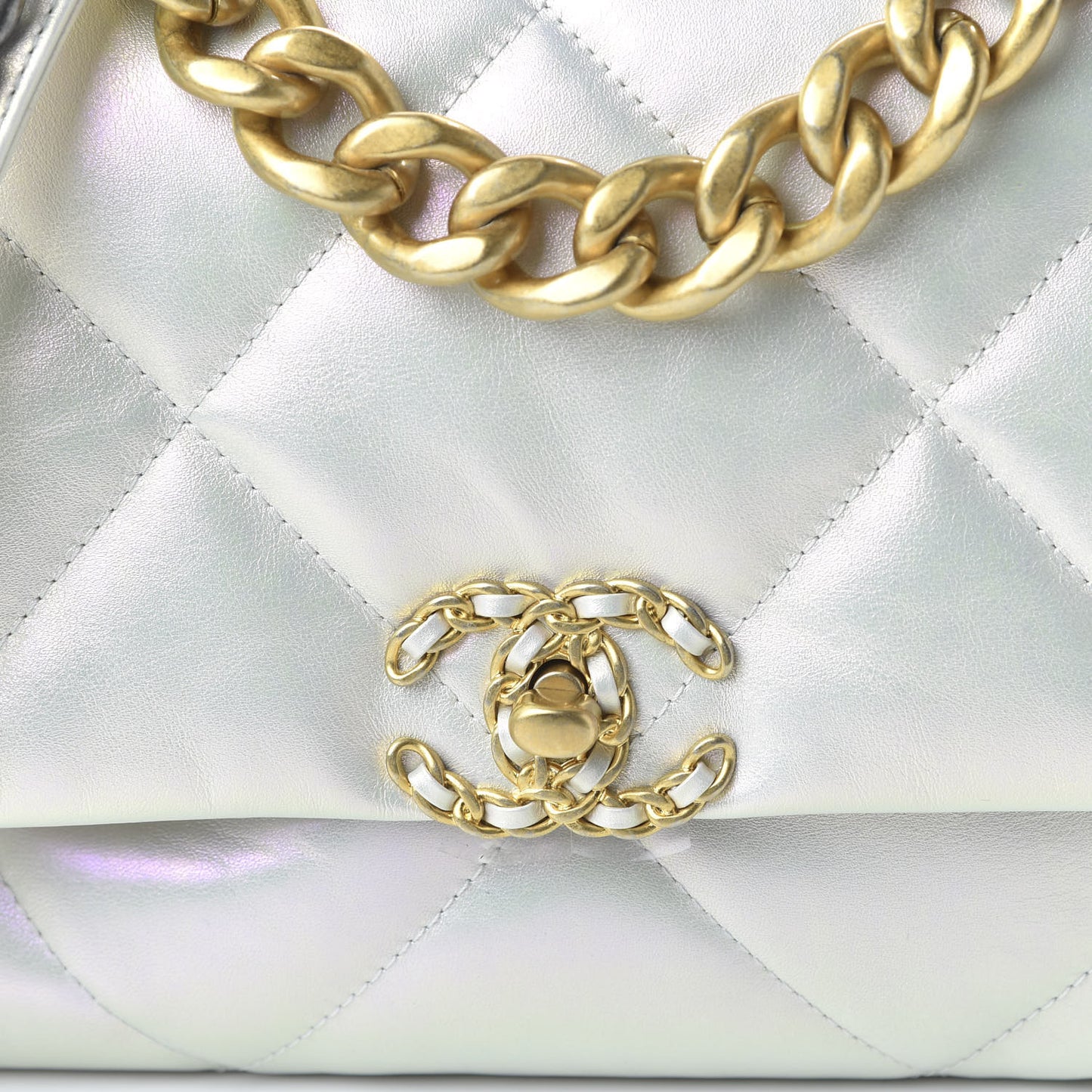 Iridescent Calfskin Quilted Large 19 Flap White