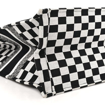 Christian Dior Canvas Embroidered Checkered Book Tote Black White 9 of 10