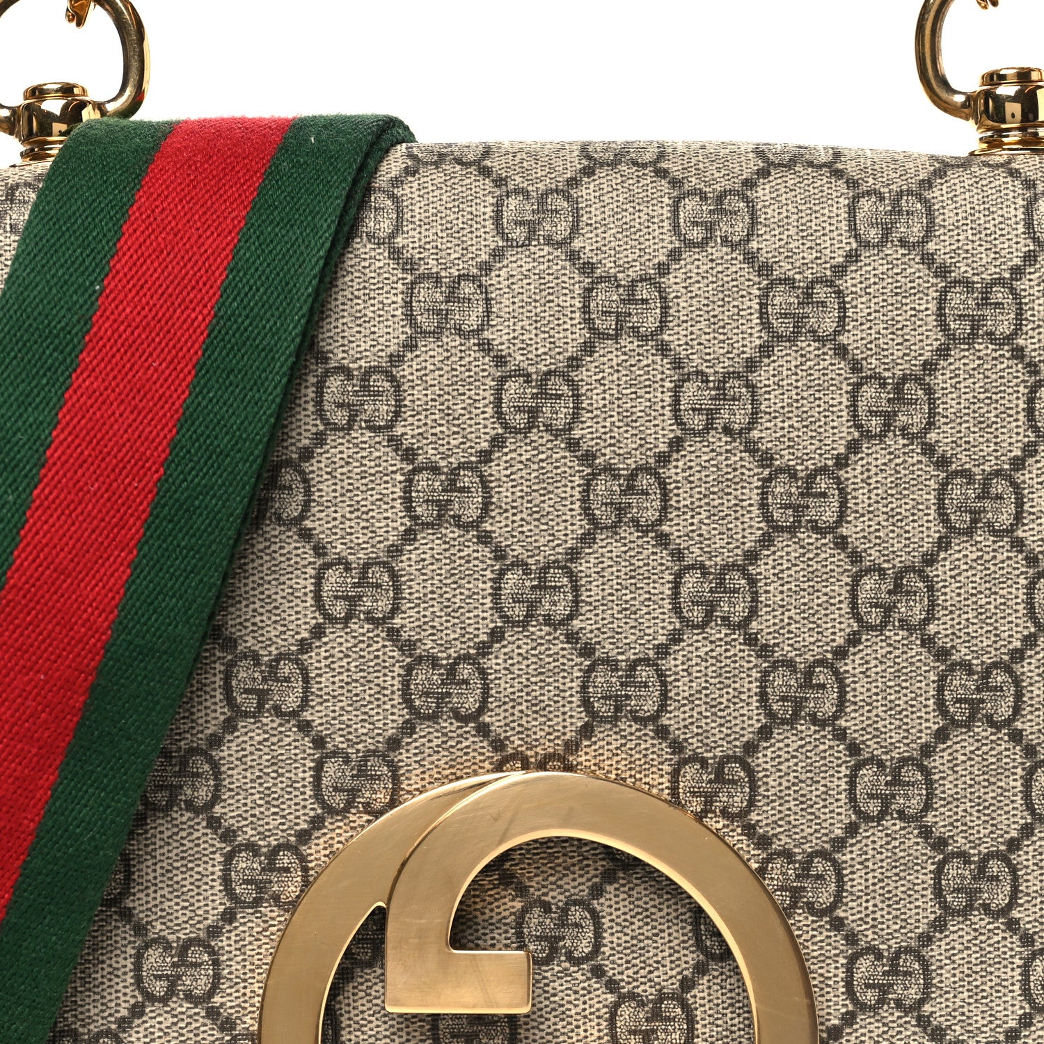 Gucci GG Supreme Monogram Textured Dollar Calfskin Web Medium Blondie Top Handle Shoulder Flap Bag Beige Ebony New Acero 8 of 11