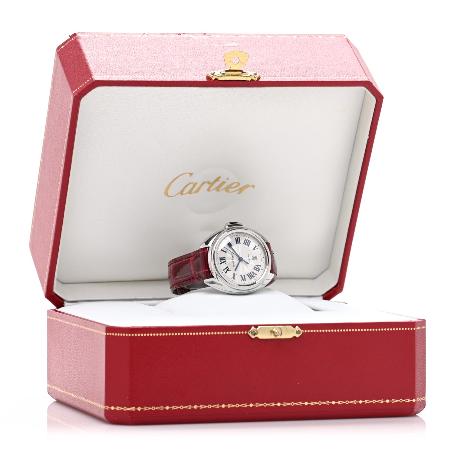 Cartier Stainless Steel Alligator 31mm Cle De Cartier Automatic Watch Burgundy 5 of 5