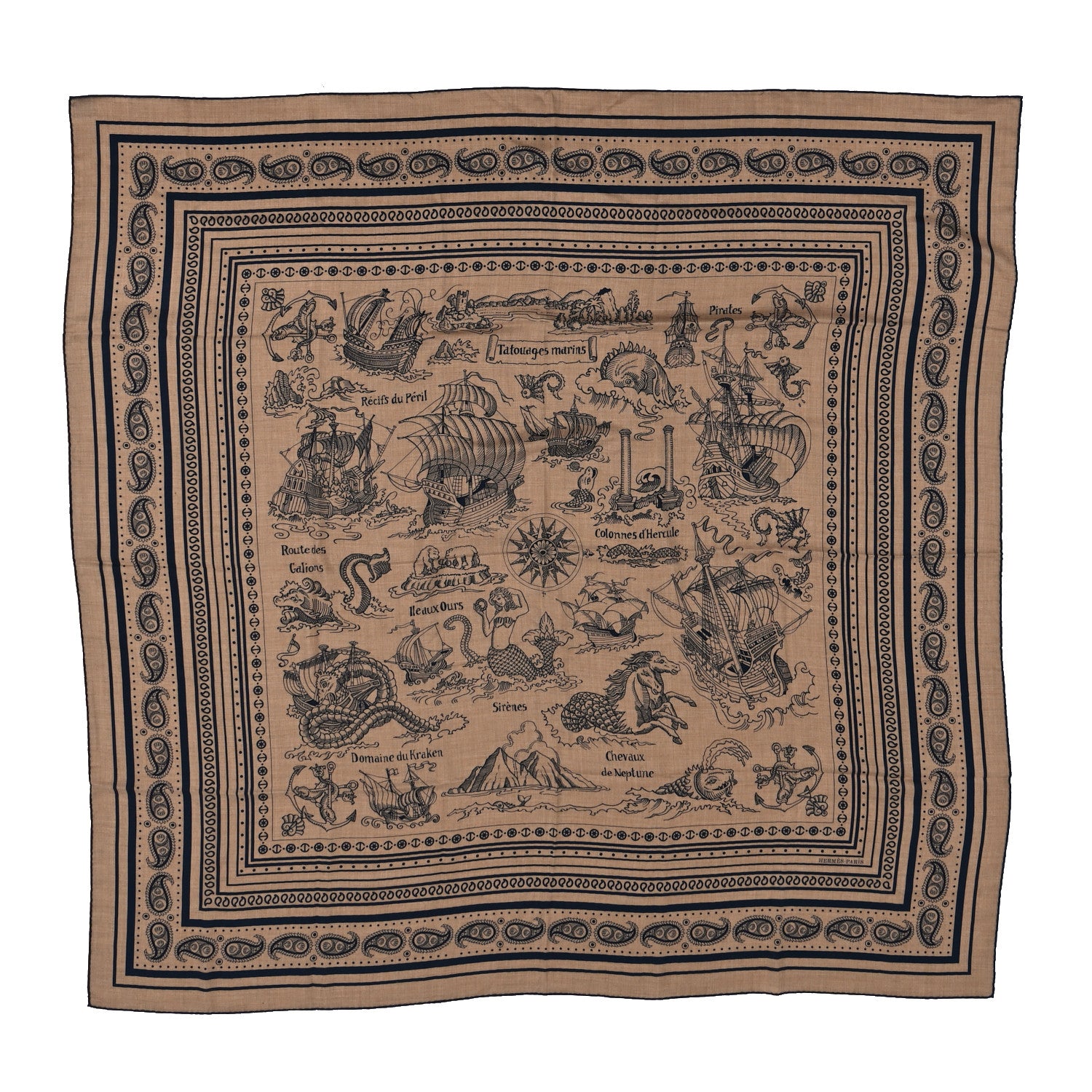 Hermes Cashmere Silk Tatouages Marins Bandana Shawl 140 Caramel Marine 1 of 5