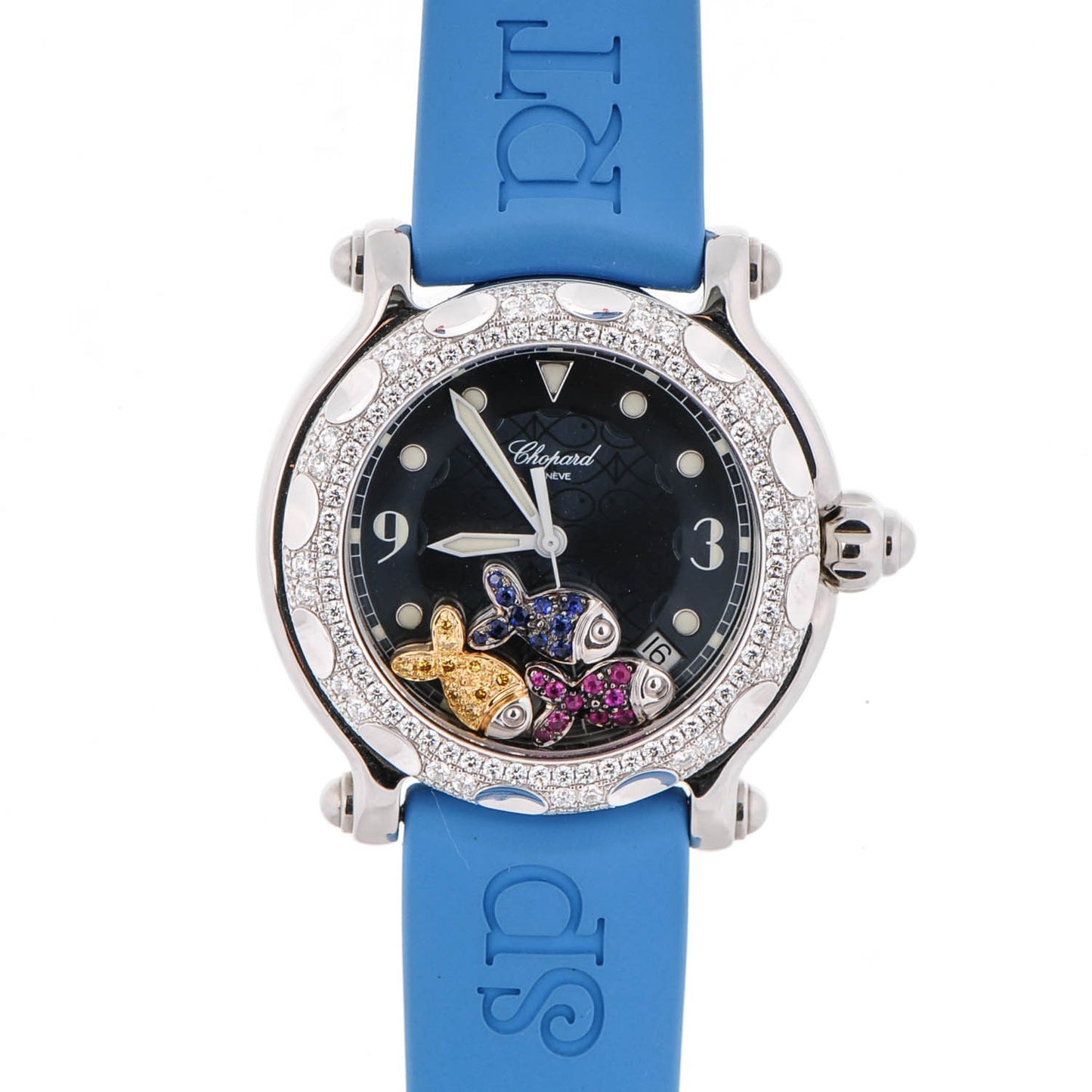 Stainless Steel Rubber Diamond Bezel Ruby Yellow Blue Sapphire 39mm Happy Sport Fish Quartz Watch Blue