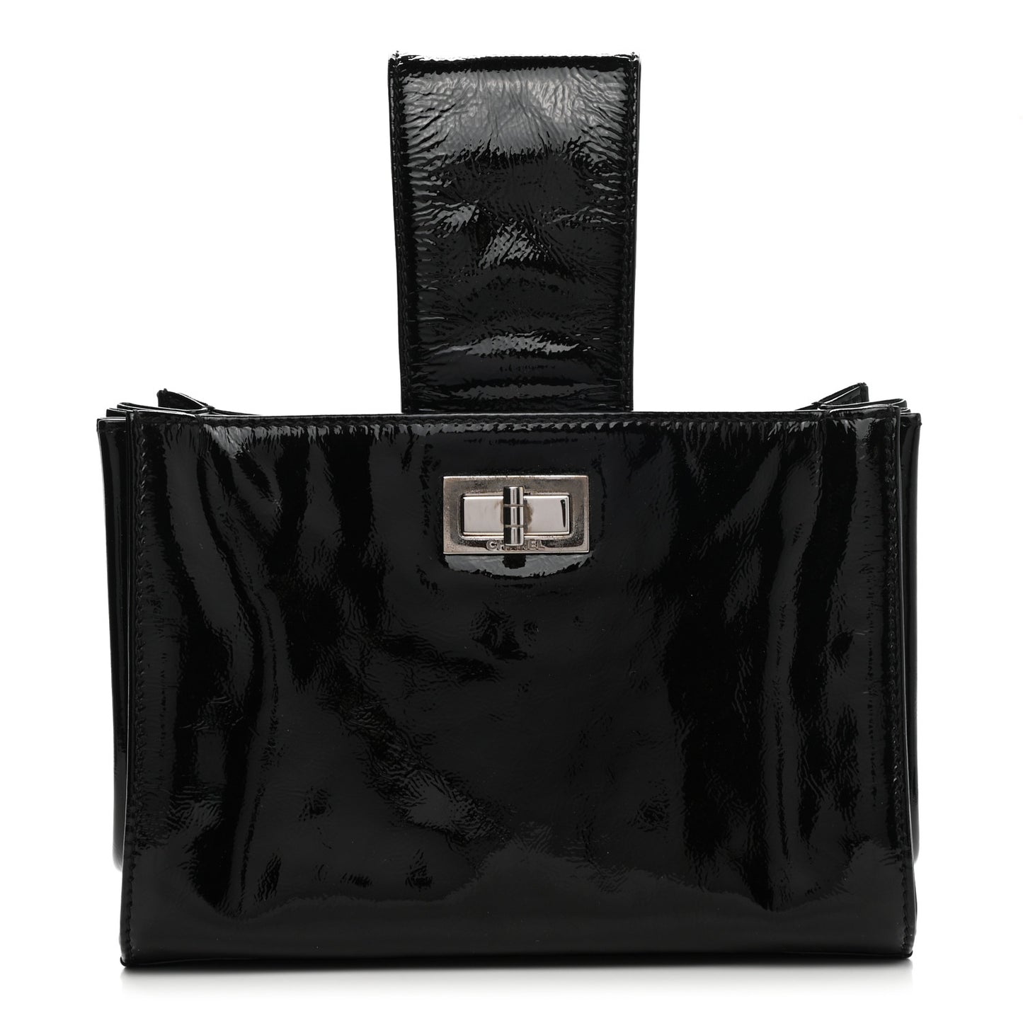 Patent Mademoiselle Lock Convertible Wrist Clutch Bag Black