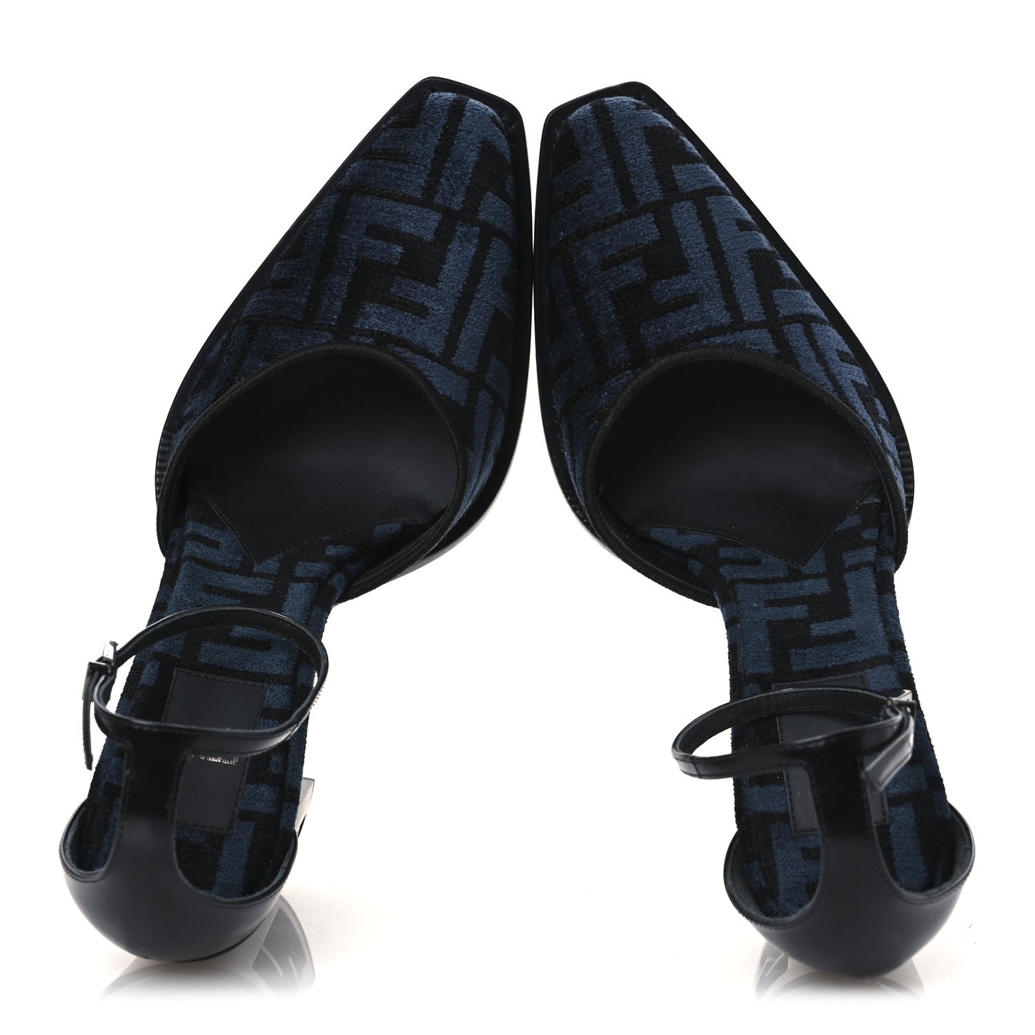 Fendi Chenille Jacquard FF Cut Baguette Ankle Strap 105mm Pumps 38 Black Blue 2 of 11