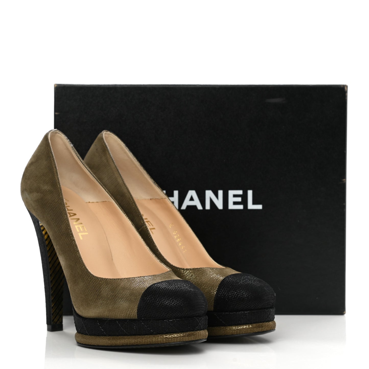 Metallic Fabric CC Cap Toe Pumps 39.5 Khaki Black