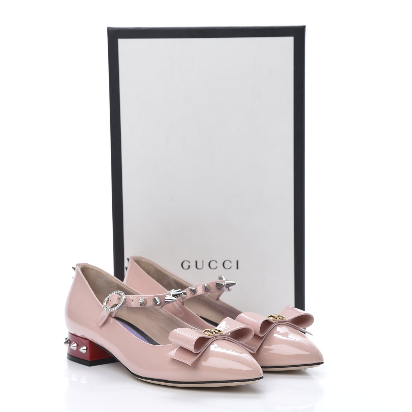Patent Crystal GG Bow Sadie Spike Low Heel Ballerina Loafers 36 Perfect Pink