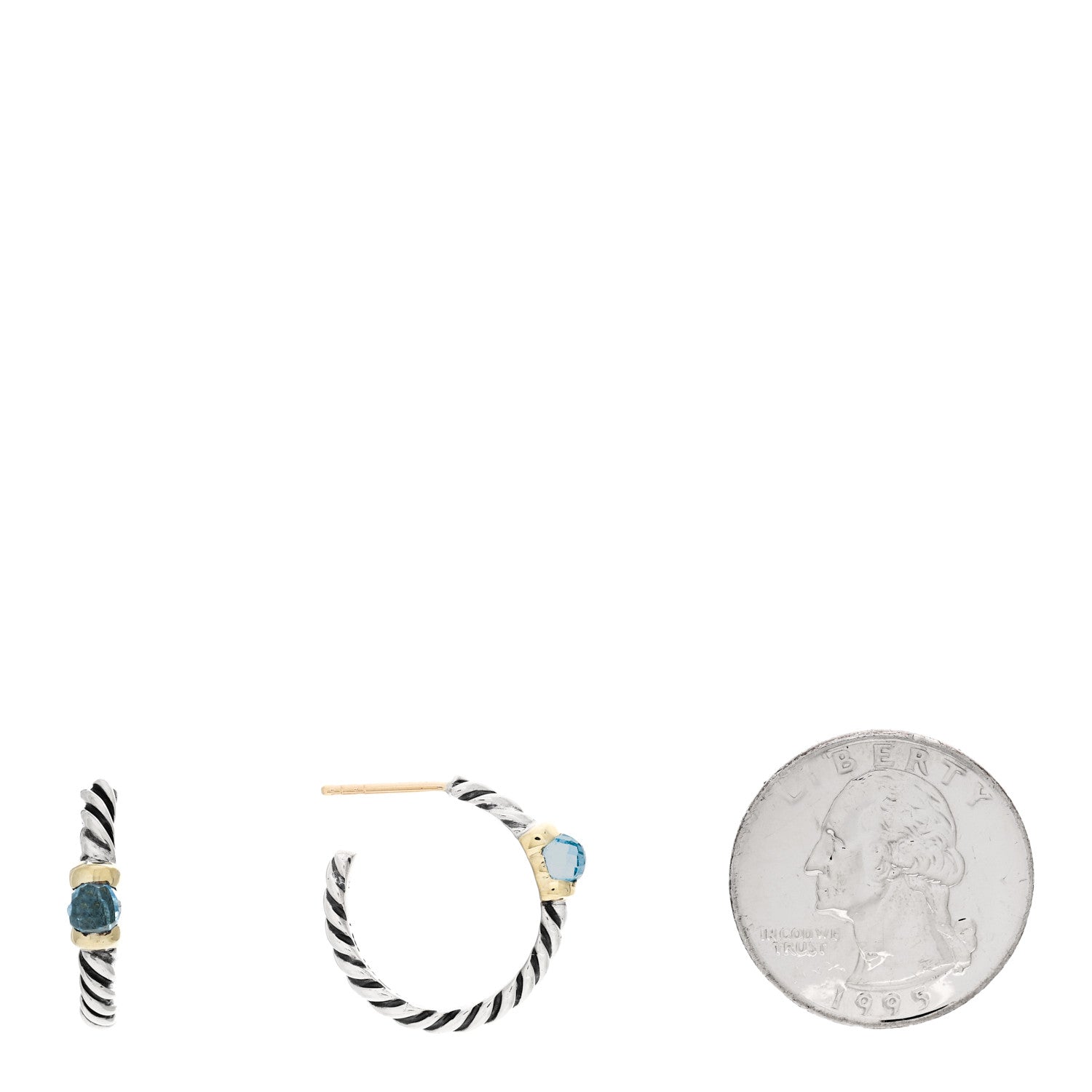 David Yurman Sterling Silver 14K Yellow Gold Blue Topaz Metro Hoop Earrings 2 of 4