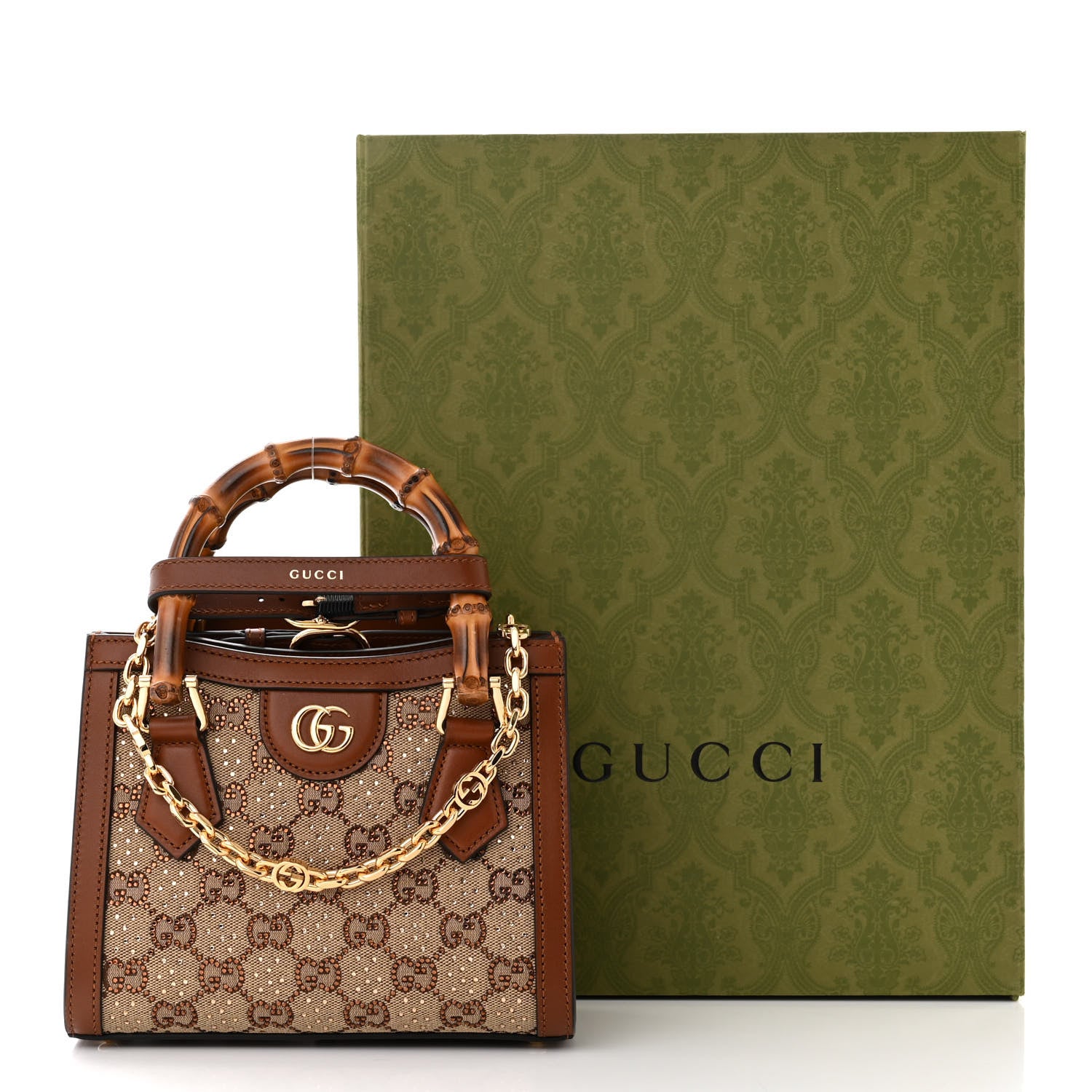 Gucci New Canvas Charisma Calfskin Crystal GG Monogram Mini Diana Tote Bag Camel Ebony 10 of 10