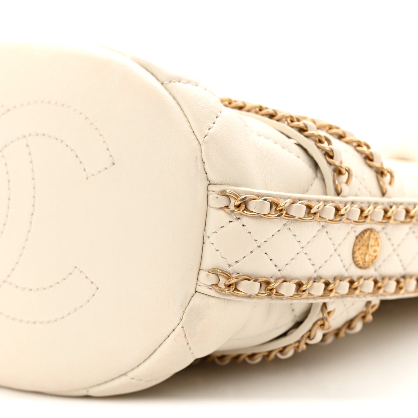 Aged Calfskin Quilted Chain Bucket Drawstring Bag White