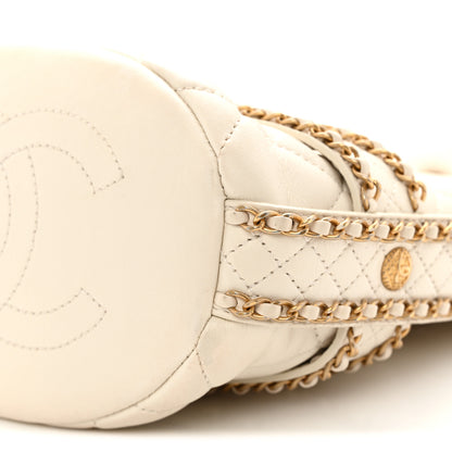 Chanel Aged Calfskin Quilted Chain Bucket Drawstring Bag White 10 of 11