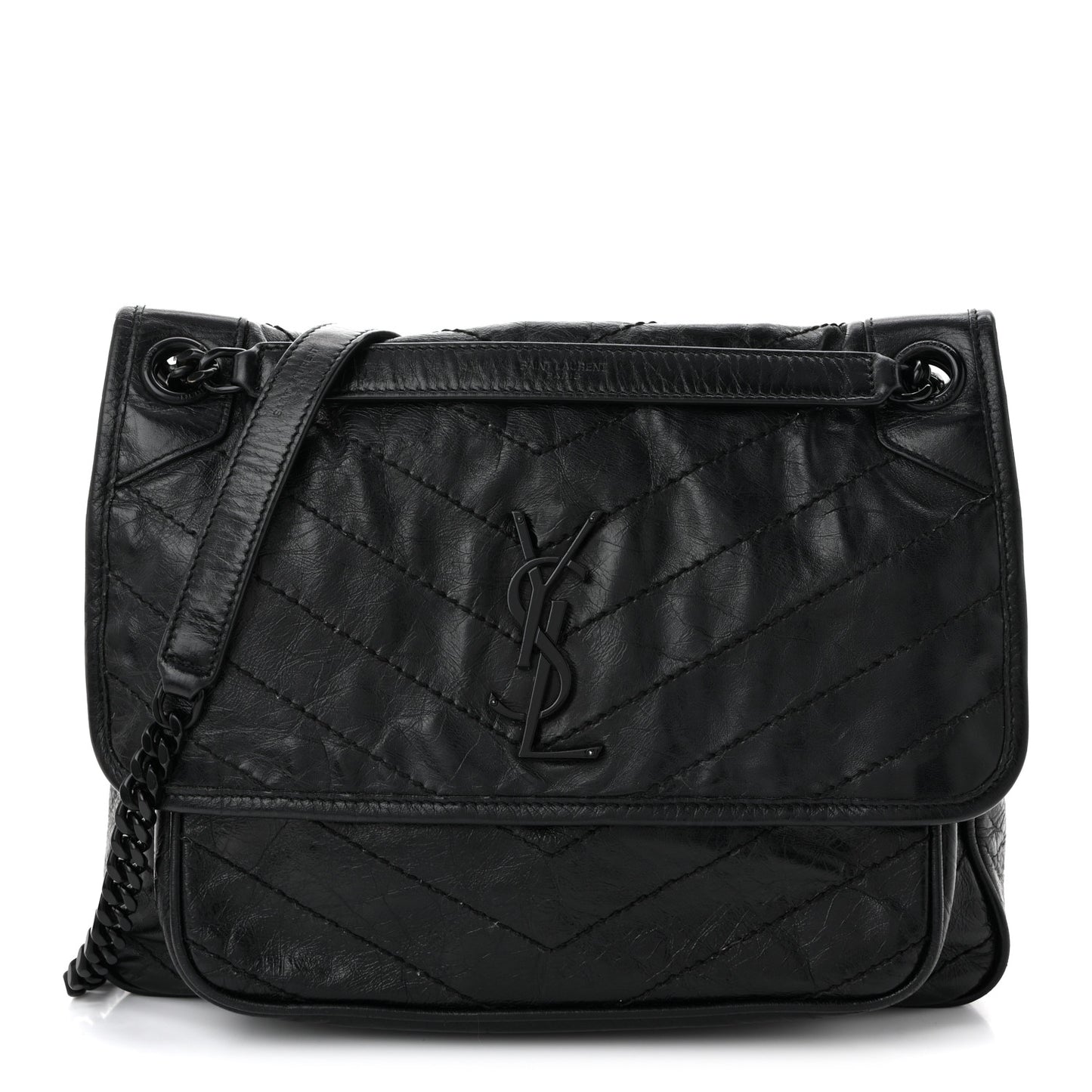 Crinkled Calfskin Matelasse Monogram Medium Niki Chain Satchel Black