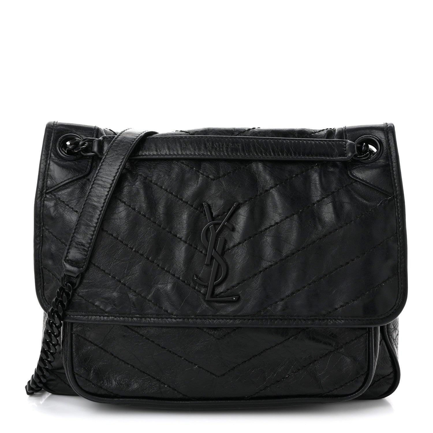 Saint Laurent Crinkled Calfskin Matelasse Monogram Medium Niki Chain Satchel Black 1 of 11