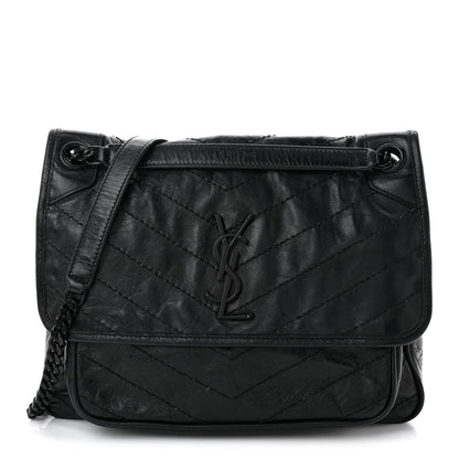 Saint Laurent Crinkled Calfskin Matelasse Monogram Medium Niki Chain Satchel Black 1 of 11