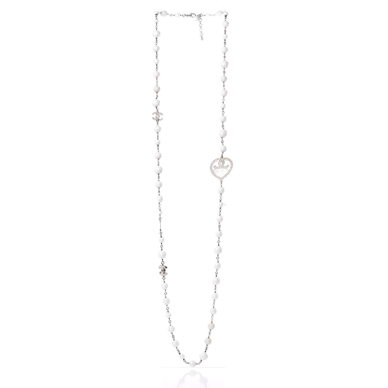 Chanel Bead Heart CC Long Necklace White Silver 3 of 9