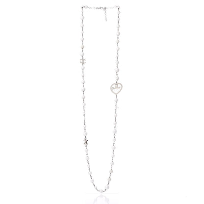 Chanel Bead Heart CC Long Necklace White Silver 3 of 9