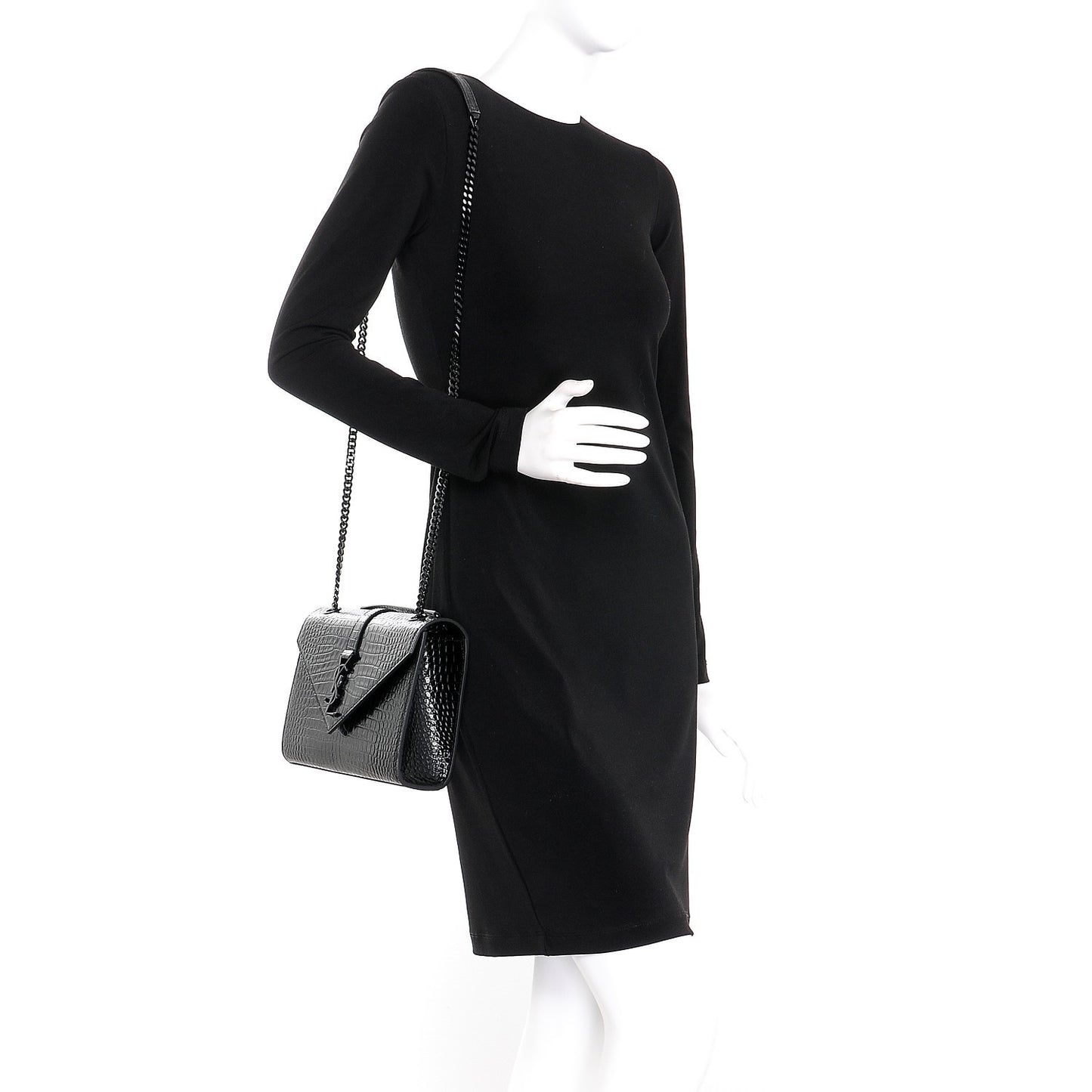 Calfskin Crocodile Embossed Medium Monogram Envelope Chain Shoulder Bag Black