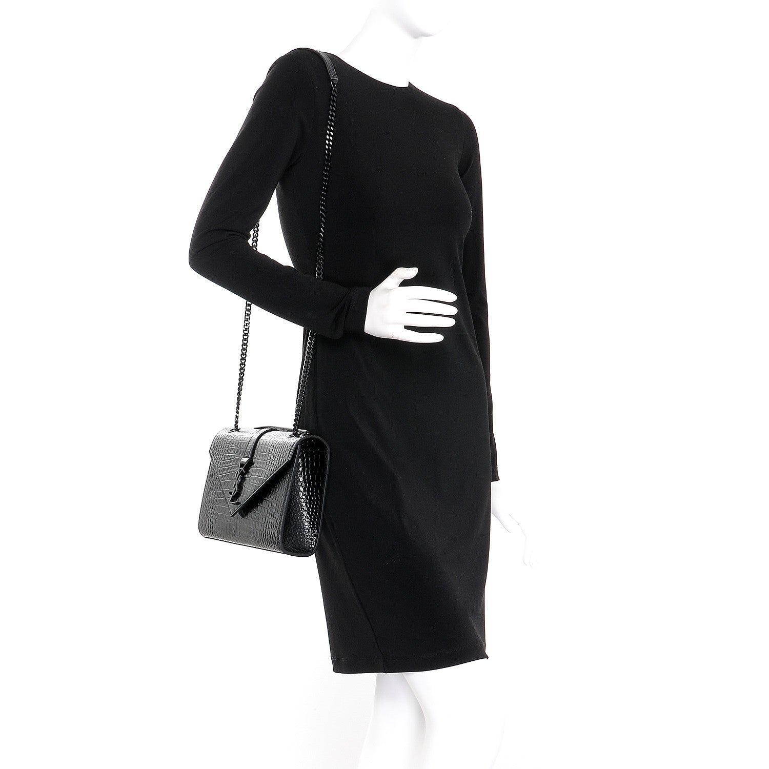 Saint Laurent Calfskin Crocodile Embossed Medium Monogram Envelope Chain Shoulder Bag Black 2 of 8